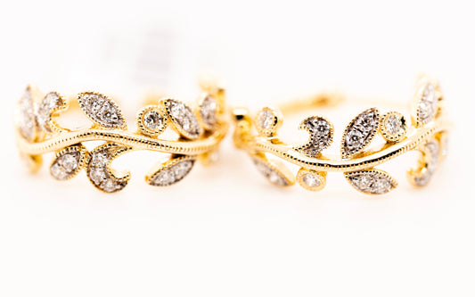 14K Yellow Gold Floral Diamond Huggies