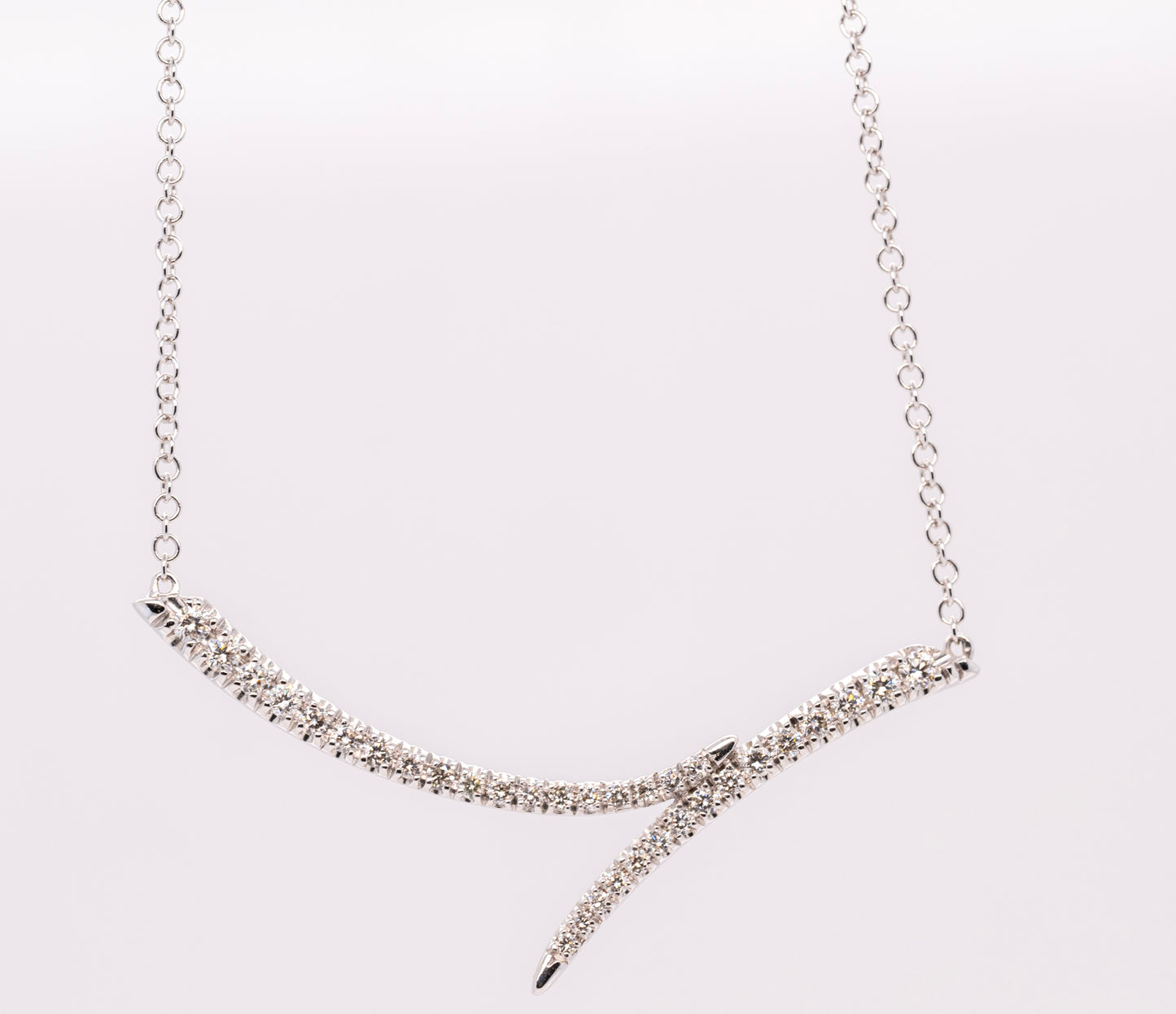 14K White Gold Curved Bypass Bar Necklace with Diamonds