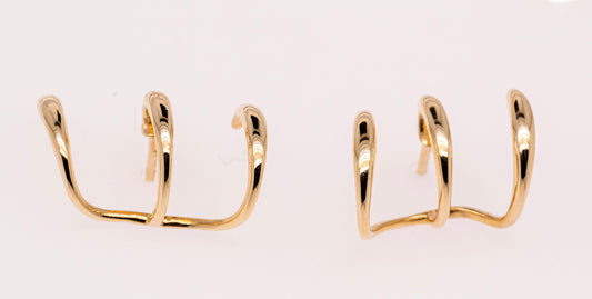 14K Yellow Gold Curving Three Row Stud Earrings