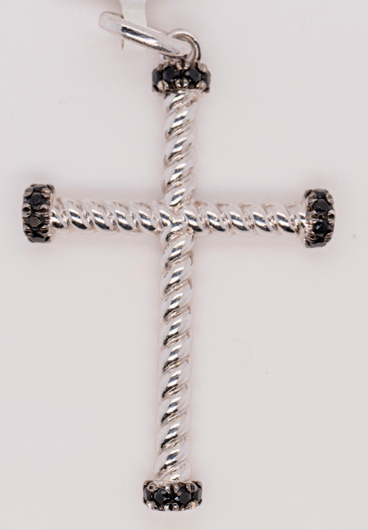 925 Sterling Silver Twisted Rope Cross Pendant with Black Spinel