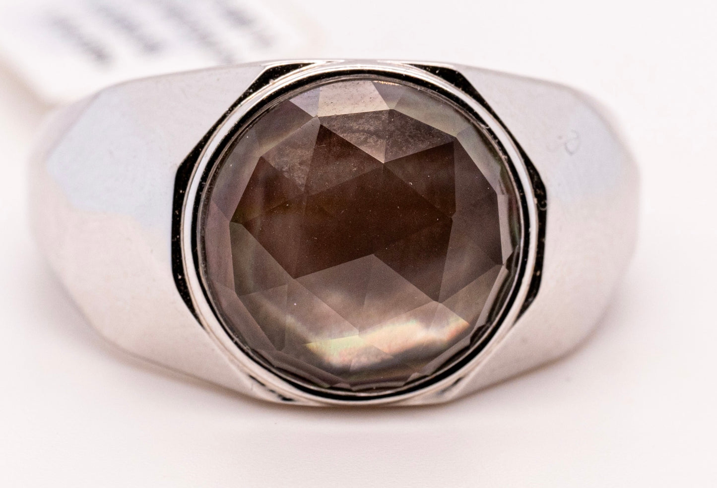 Wide 925 Sterling Silver Signet Ring with Black Mother of Pearl Stone in High Polished Finish